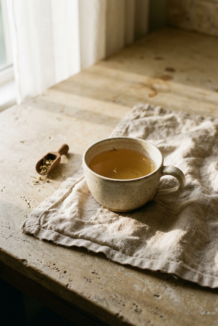 Herbal tea in a handmade ceramic cup on linen.